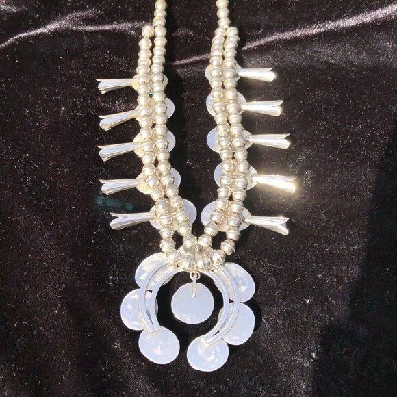 Vintage Sterling Silver Navajo Kingman Turquoise Squash Blossom Necklace Jewelry - Picture 10 of 16